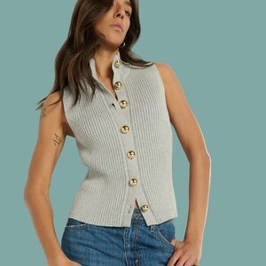 Sleeveless Ribbed Button-Up Knit Top in Light Gray